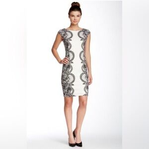 Maggy London White with Black Print Lined Sheath Dress Cap Sleeves
